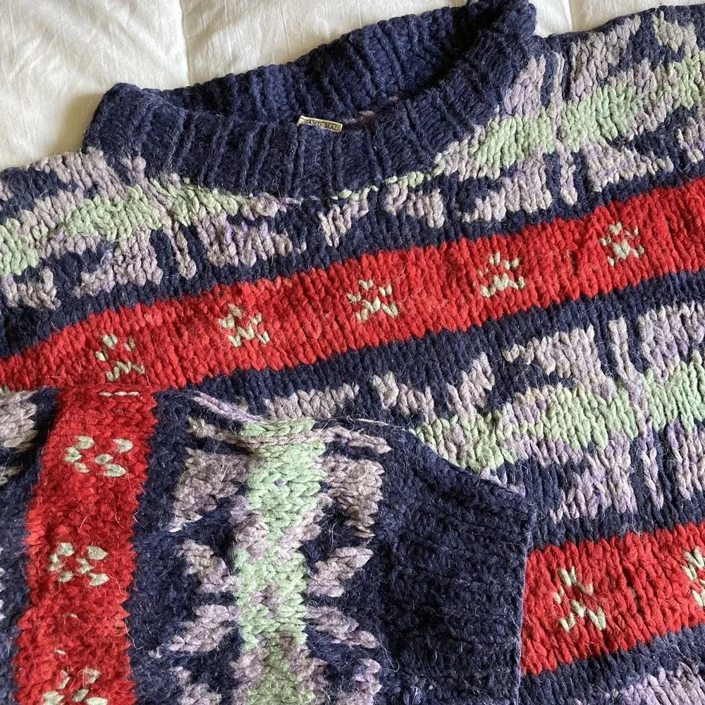 Vtg 100% Wool Ecuadorian Chunky HandKnit Sweater Mens L Fair Isle Rustic Cabin